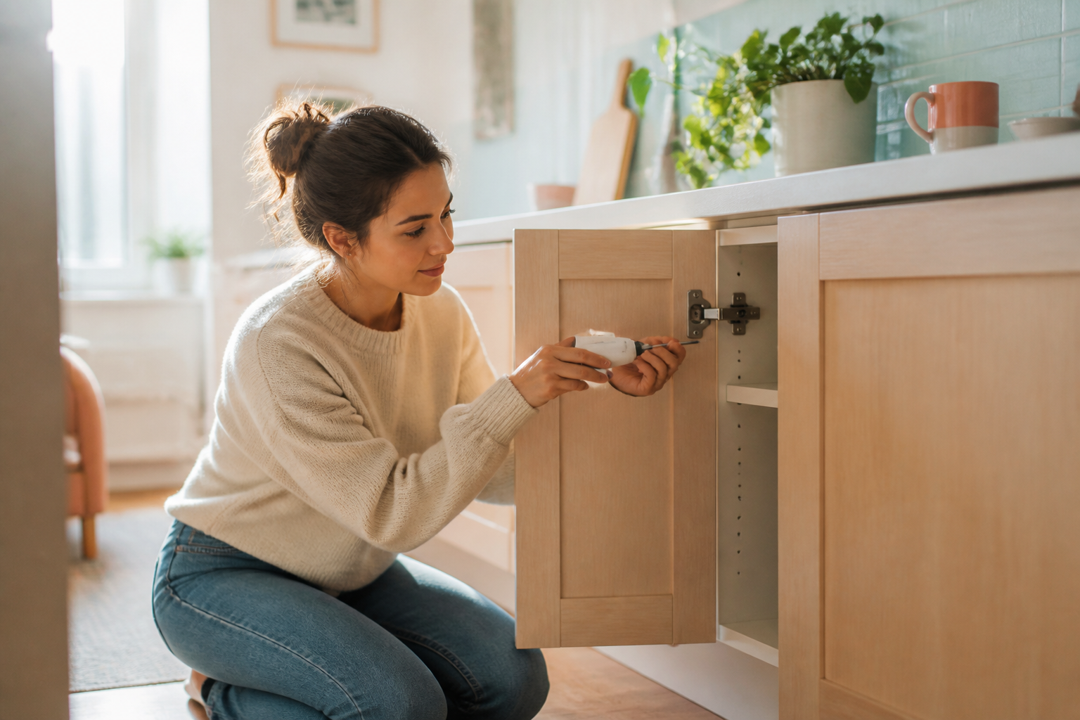 A young resident tightening a cabinet hinge at home